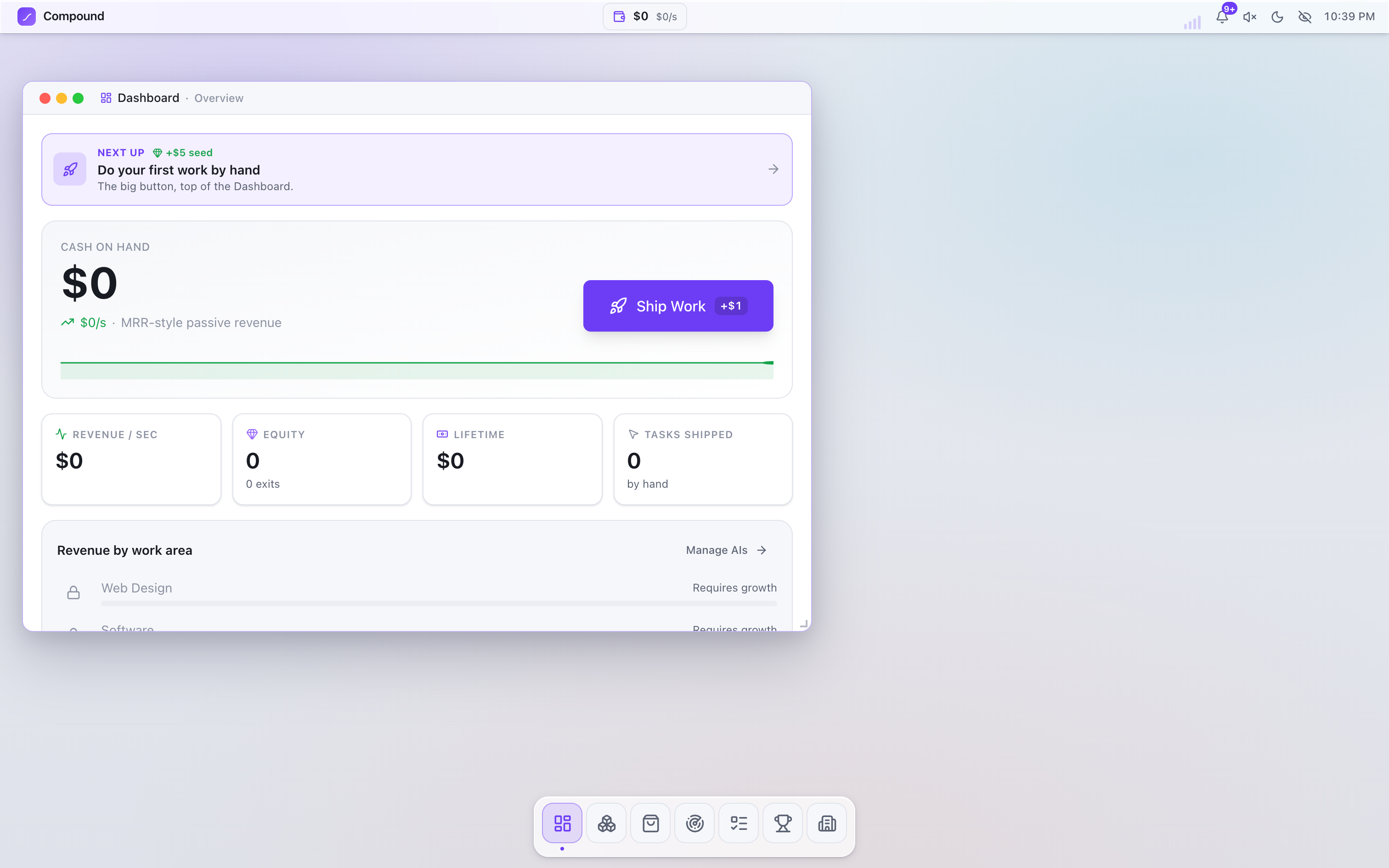 Compound OS desktop dashboard — full-width productivity OS view with revenue counters and AI tool panels
